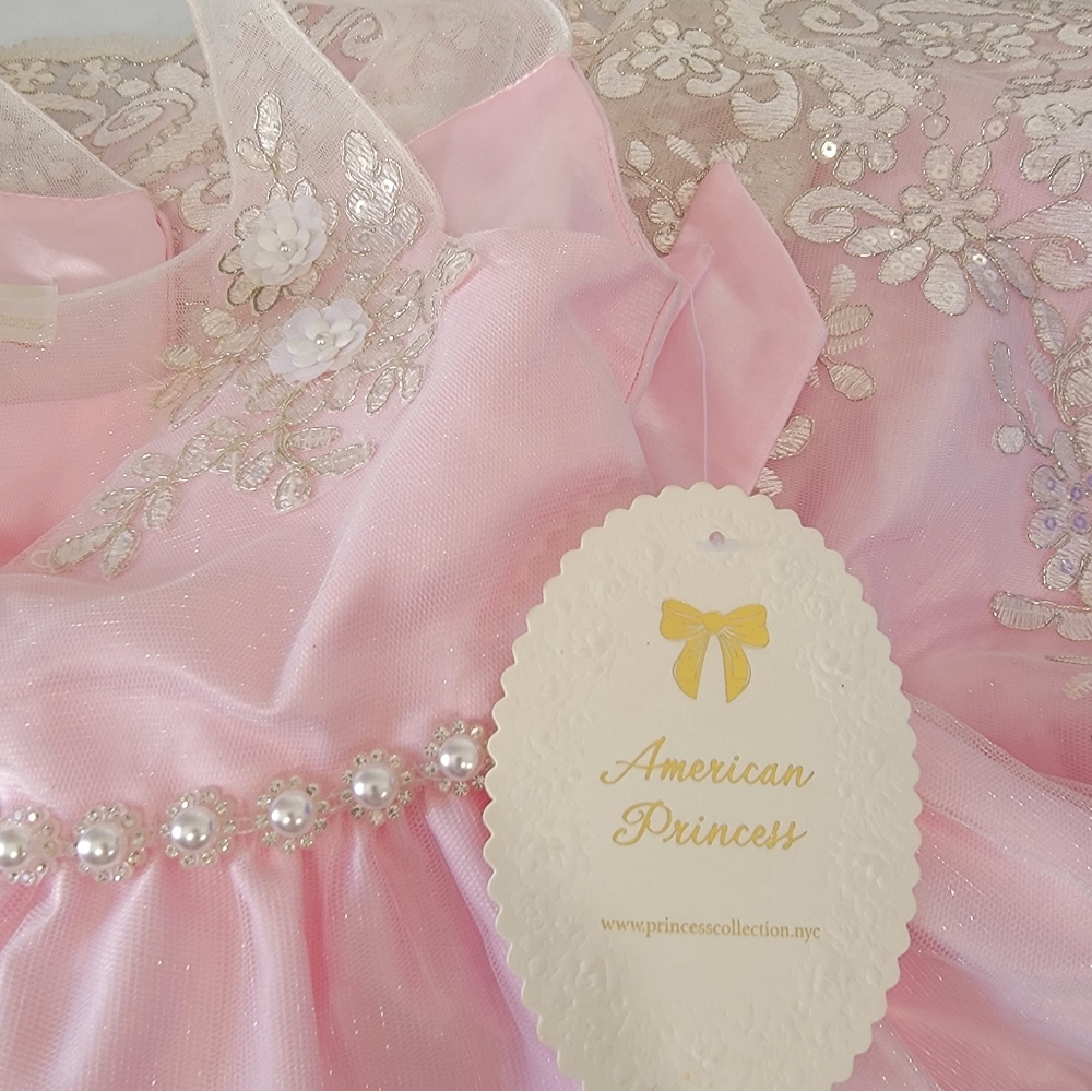 American Princess Pink Ivory Formal Flower Girl Dress Lace Pearl Trim Size 6X/7 - Picture 8 of 9